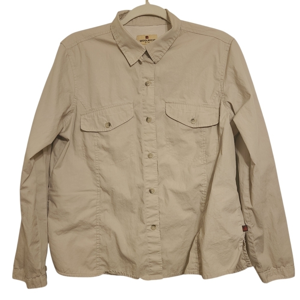 Woolrich | Women's Khaki Button Down Athleisure Tab-Button Shirt (Size Large)